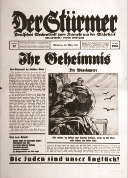 Der Stuermer, with an anti-Semitic caricature depicting the Jewish people as highwaymen